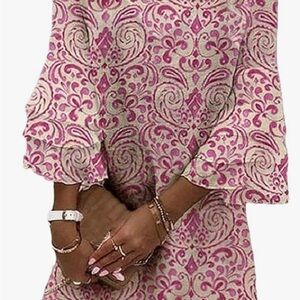 Elegant pink flower print midi dress with 3/4 wave bell sleeves